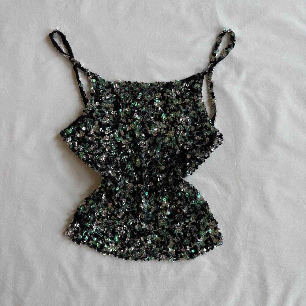 Y2K Sequin Cami Black Green Iridescent Tank Top - Size XS